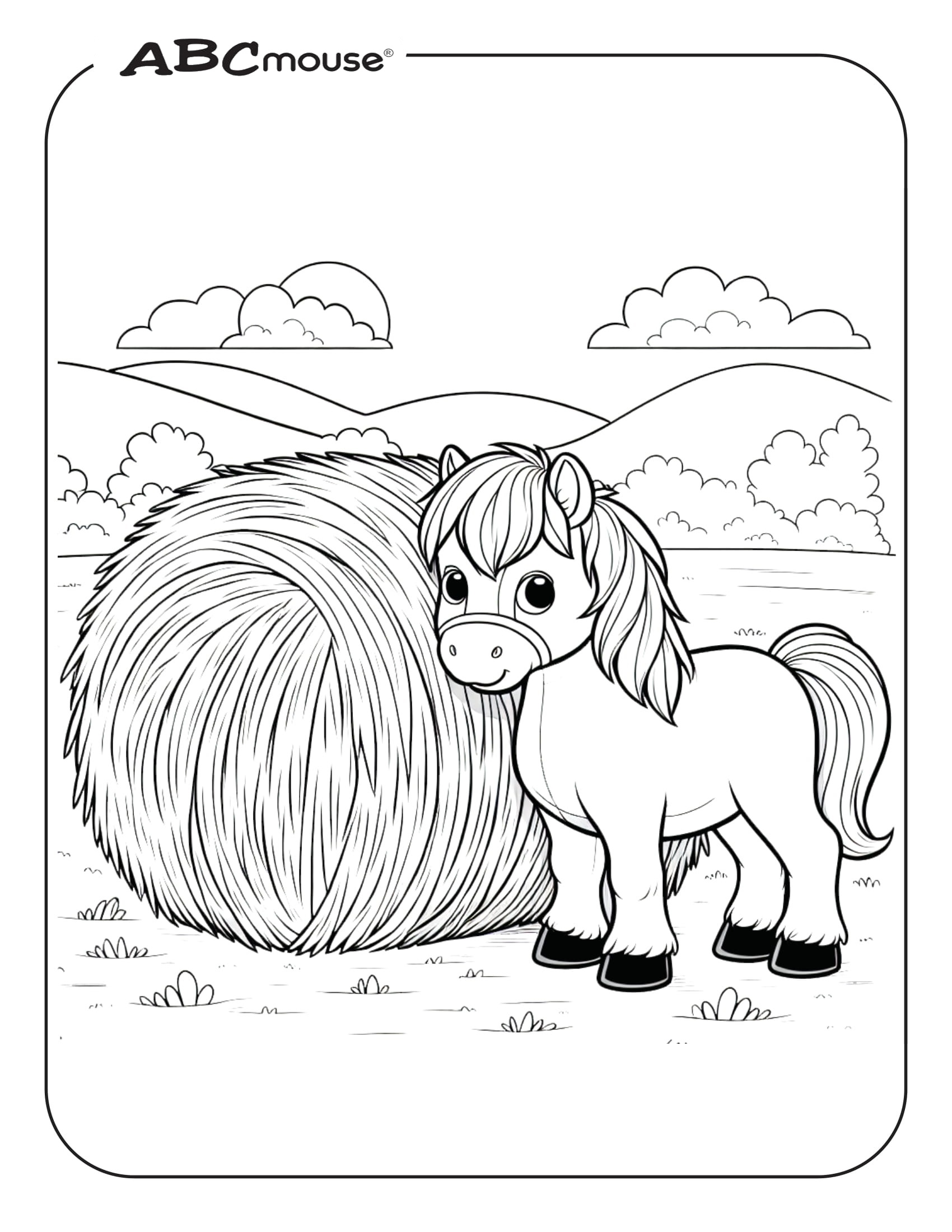 Ausmalbild Kleines Pony mit Heu zum Ausdrucken